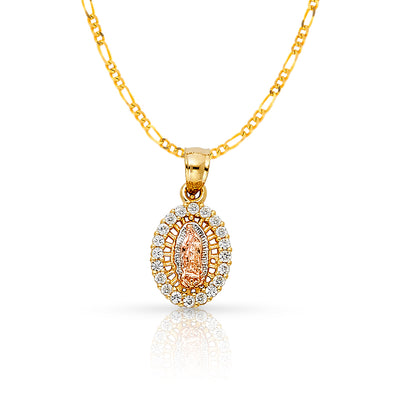 14K Gold Guadalupe CZ Pendant with 1.6mm Figaro 3+1 Chain