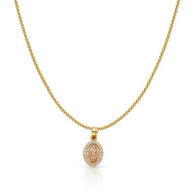 14K Gold Guadalupe CZ Charm Pendant with 0.9mm Wheat Chain Necklace