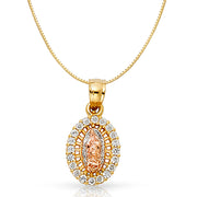 14K Gold Religious Guadalupe CZ Charm Pendant with 0.8mm Box Chain Necklace