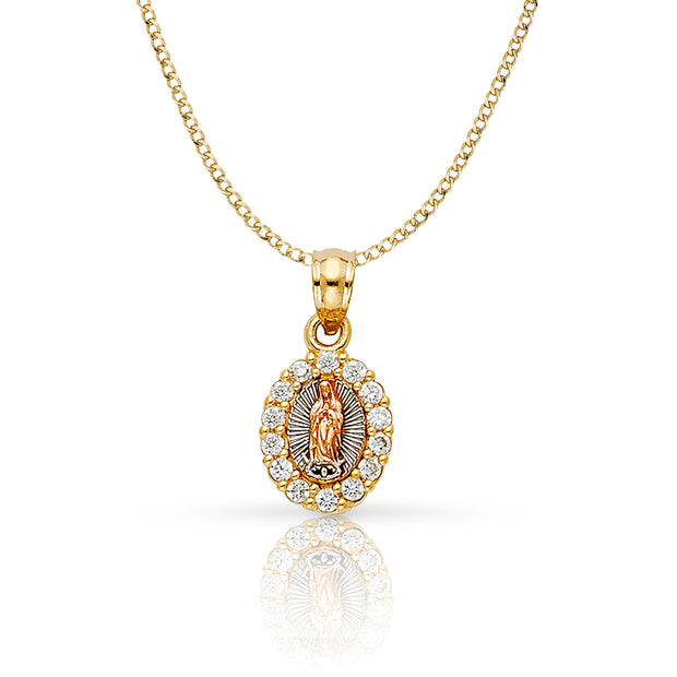 14K Gold Guadalupe CZ Pendant with 2mm Hollow Cuban Bevel Chain