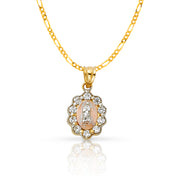 14K Gold Guadalupe CZ Pendant with 1.6mm Figaro 3+1 Chain