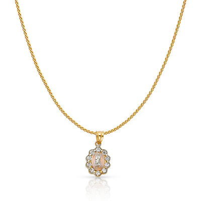 14K Gold Guadalupe CZ Charm Pendant with 0.9mm Wheat Chain Necklace