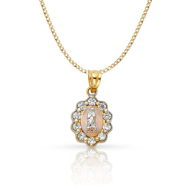 14K Gold Guadalupe CZ Pendant with 2mm Hollow Cuban Bevel Chain