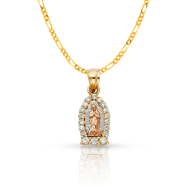 14K Gold Guadalupe CZ Pendant with 1.6mm Figaro 3+1 Chain