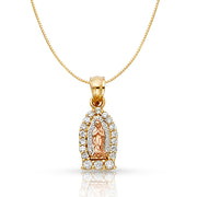 14K Gold Religious Guadalupe CZ Charm Pendant with 0.6mm Box Chain Necklace