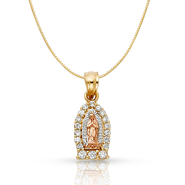 14K Gold Religious Guadalupe CZ Charm Pendant with 0.6mm Box Chain Necklace