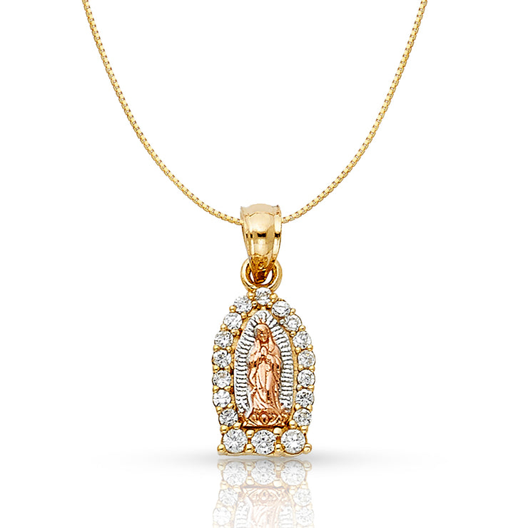 14K Gold Religious Guadalupe CZ Charm Pendant with 0.6mm Box Chain Necklace