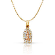 14K Gold Guadalupe CZ Pendant with 2mm Hollow Cuban Bevel Chain
