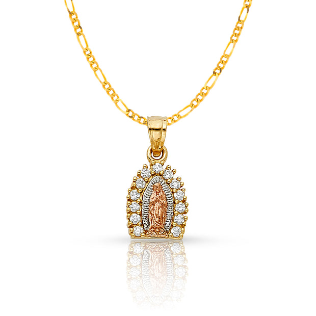 14K Gold Guadalupe CZ Pendant with 1.6mm Figaro 3+1 Chain