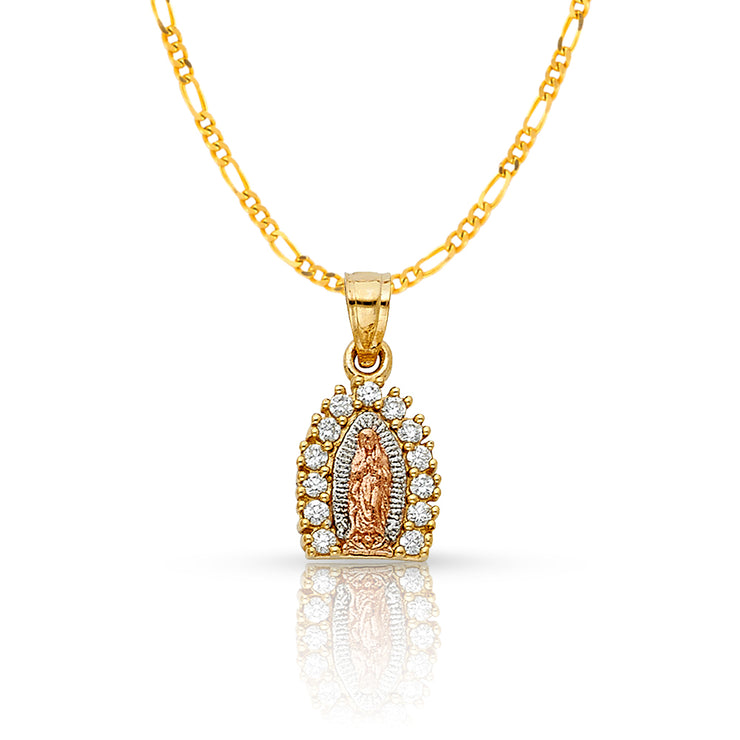 14K Gold Guadalupe CZ Pendant with 1.6mm Figaro 3+1 Chain