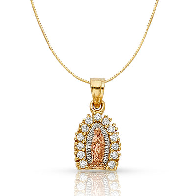 14K Gold Religious Guadalupe CZ Charm Pendant with 0.6mm Box Chain Necklace