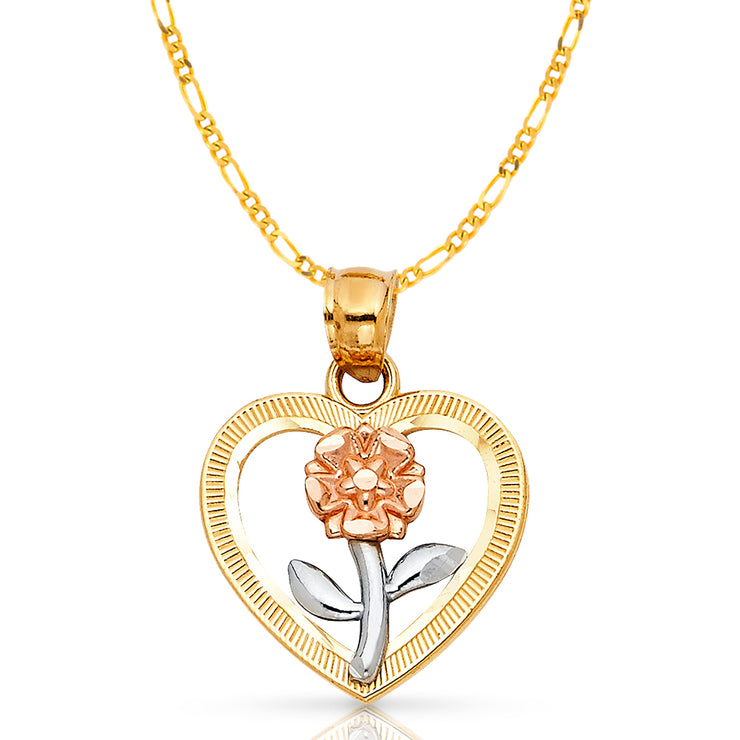 14K Gold Flower in Heart Pendant with 2mm Figaro 3+1 Chain