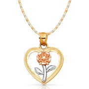 14K Gold Flower in Heart Pendant with 2.1mm Valentino Chain