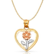 14K Gold Flower in Heart Pendant with 2.3mm Hollow Cuban Chain