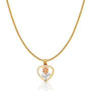 14K Gold Flower in Heart Charm Pendant with 1.1mm Wheat Chain Necklace