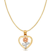 14K Gold Flower in Heart Charm Pendant with 0.8mm Box Chain Necklace