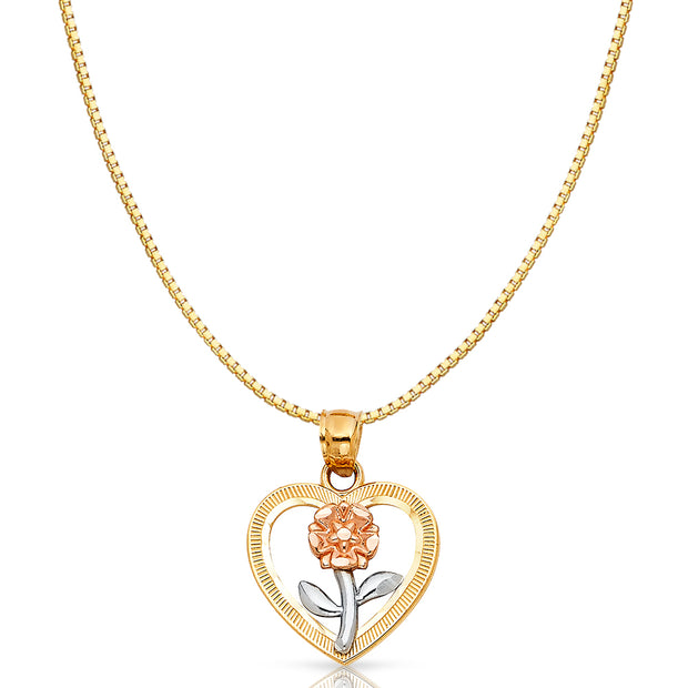14K Gold Flower in Heart Charm Pendant with 0.8mm Box Chain Necklace