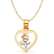 14K Gold Flower in Heart Pendant with 2.1mm Valentino Chain