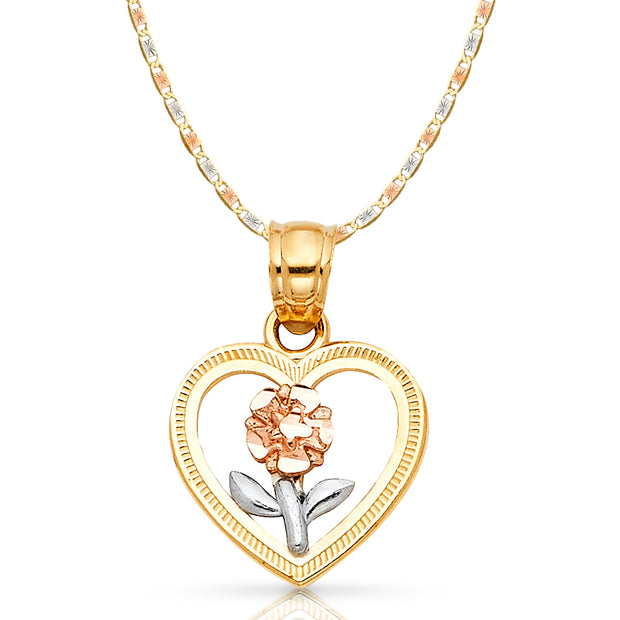 14K Gold Flower in Heart Pendant with 2.1mm Valentino Chain