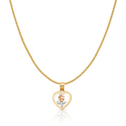 14K Gold Flower in Heart Charm Pendant with 0.9mm Wheat Chain Necklace