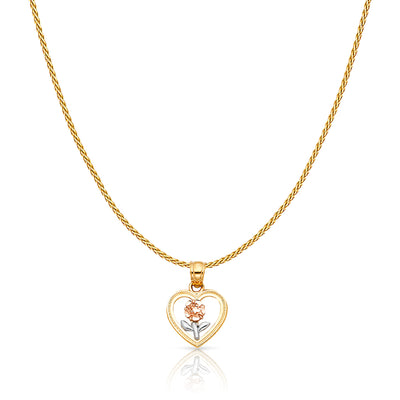 14K Gold Flower in Heart Charm Pendant with 0.9mm Wheat Chain Necklace
