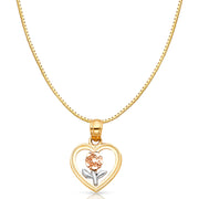 14K Gold Flower in Heart Charm Pendant with 0.8mm Box Chain Necklace