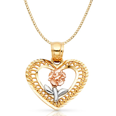 14K Gold Flower in Heart Pendant with 2.3mm Hollow Cuban Chain