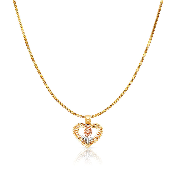 14K Gold Flower in Heart Charm Pendant with 0.9mm Wheat Chain Necklace