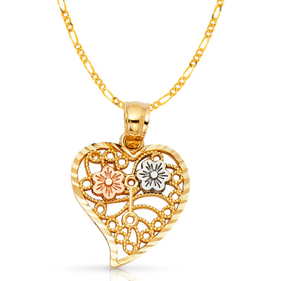 14K Gold Dual Flower in Heart Pendant with 2mm Figaro 3+1 Chain