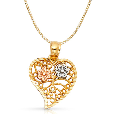 14K Gold Dual Flower in Heart Pendant with 2.3mm Hollow Cuban Chain
