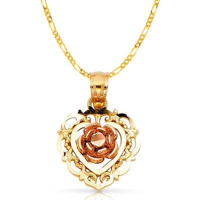 14K Gold Rose Flower Pendant with 1.6mm Figaro 3+1 Chain
