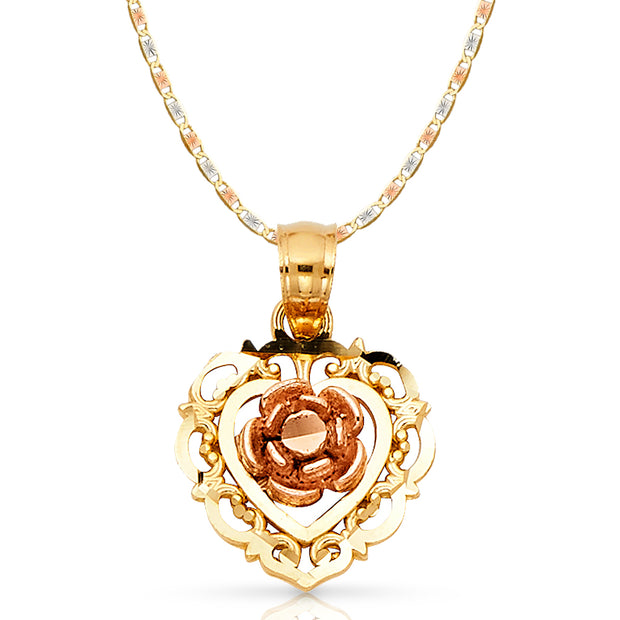 14K Gold Rose Flower Pendant with 1.5mm Valentino Chain