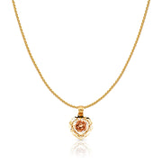 14K Gold Rose Flower Charm Pendant with 0.9mm Wheat Chain Necklace