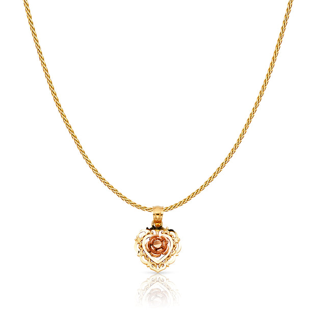 14K Gold Rose Flower Charm Pendant with 0.9mm Wheat Chain Necklace