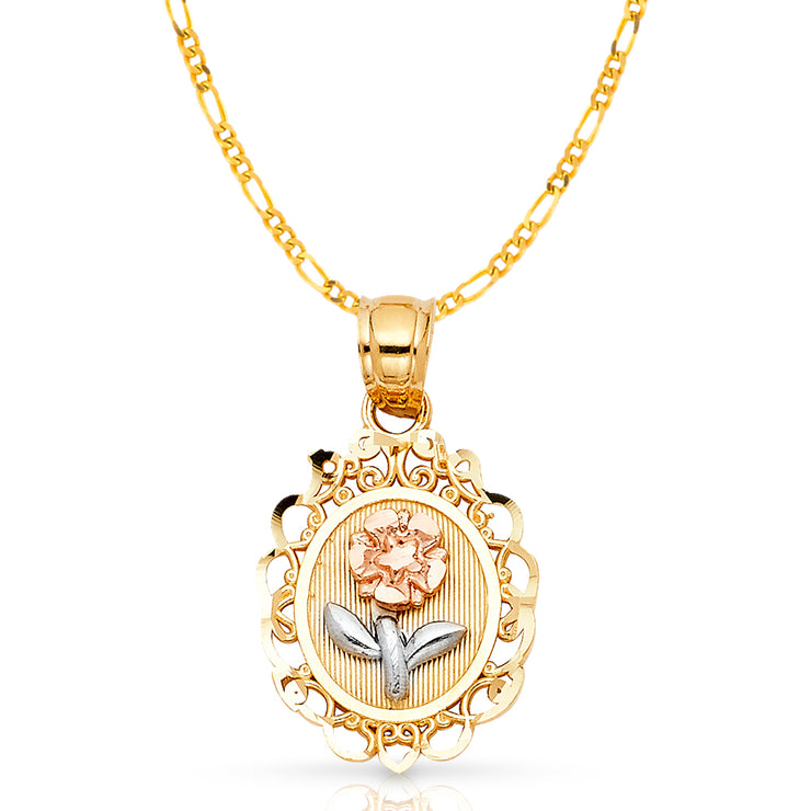 14K Gold Flower Round Pendant with 2mm Figaro 3+1 Chain