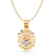 14K Gold Flower Round Pendant with 2.1mm Valentino Chain