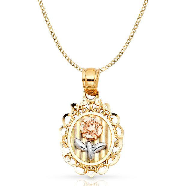 14K Gold Flower Round Pendant with 2.3mm Hollow Cuban Chain