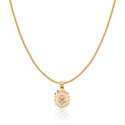 14K Gold Flower Round Charm Pendant with 0.9mm Wheat Chain Necklace