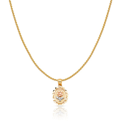 14K Gold Flower Round Charm Pendant with 0.9mm Wheat Chain Necklace