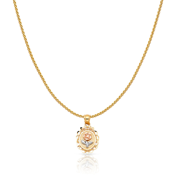 14K Gold Flower Round Charm Pendant with 0.9mm Wheat Chain Necklace