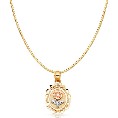 14K Gold Flower Round Charm Pendant with 0.8mm Box Chain Necklace