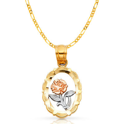 14K Gold Flower Round Pendant with 2mm Figaro 3+1 Chain