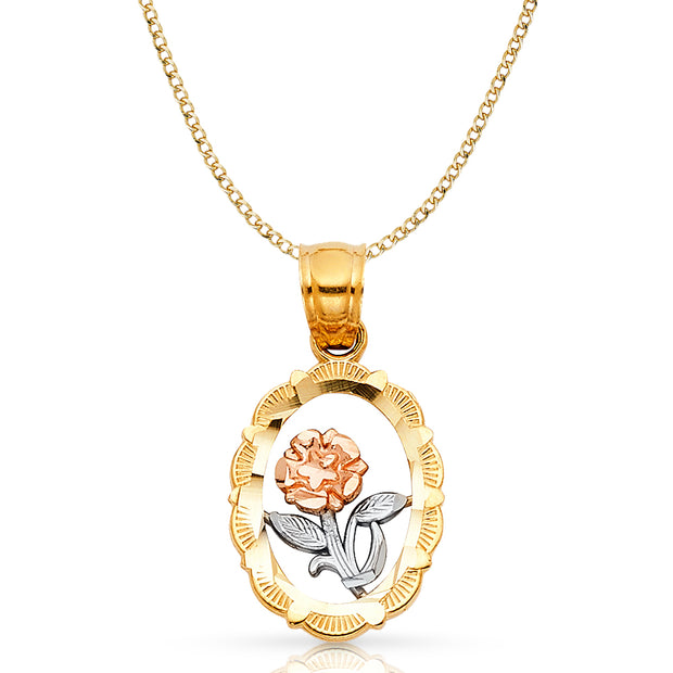 14K Gold Flower Round Pendant with 2.3mm Hollow Cuban Chain