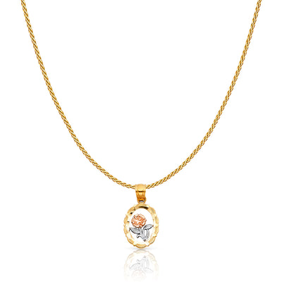 14K Gold Flower Round Charm Pendant with 0.9mm Wheat Chain Necklace