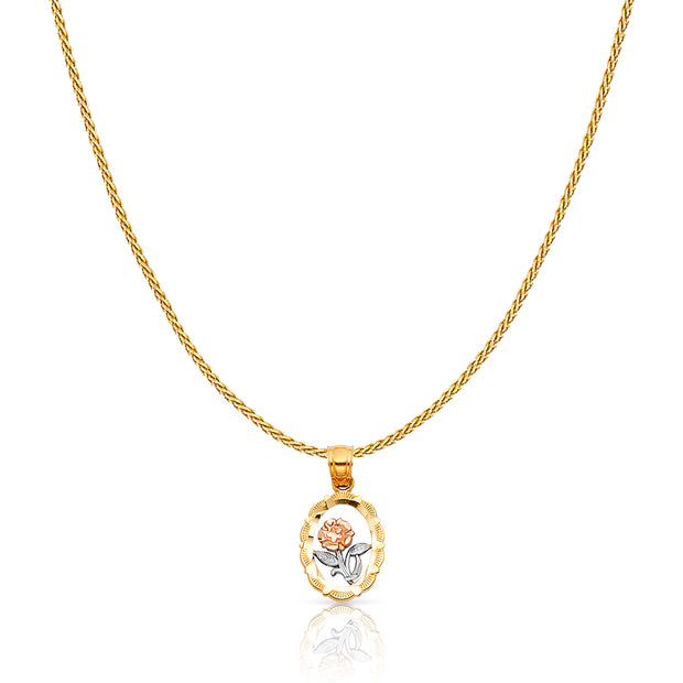 14K Gold Flower Round Charm Pendant with 0.9mm Wheat Chain Necklace