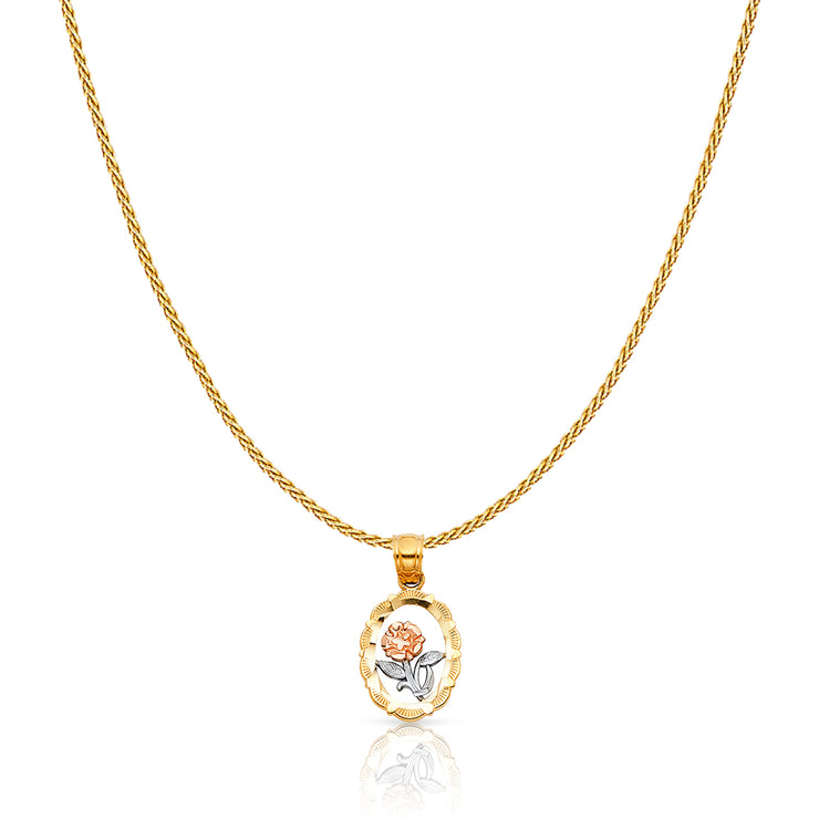 14K Gold Flower Round Charm Pendant with 0.9mm Wheat Chain Necklace