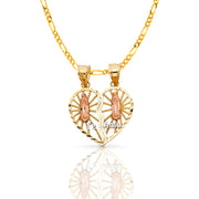 14K Gold Guadalupe Broken Heart Te Amo Pendant with 2mm Figaro 3+1 Chain