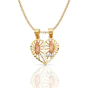 14K Gold Guadalupe Broken Heart Te Amo Pendant with 2.3mm Hollow Cuban Chain