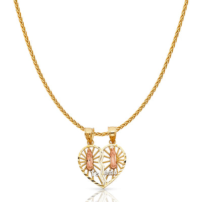 14K Gold Guadalupe Broken Heart Te Amo Charm Pendant with 1.1mm Wheat Chain Necklace