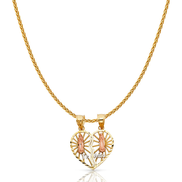 14K Gold Guadalupe Broken Heart Te Amo Charm Pendant with 1.1mm Wheat Chain Necklace